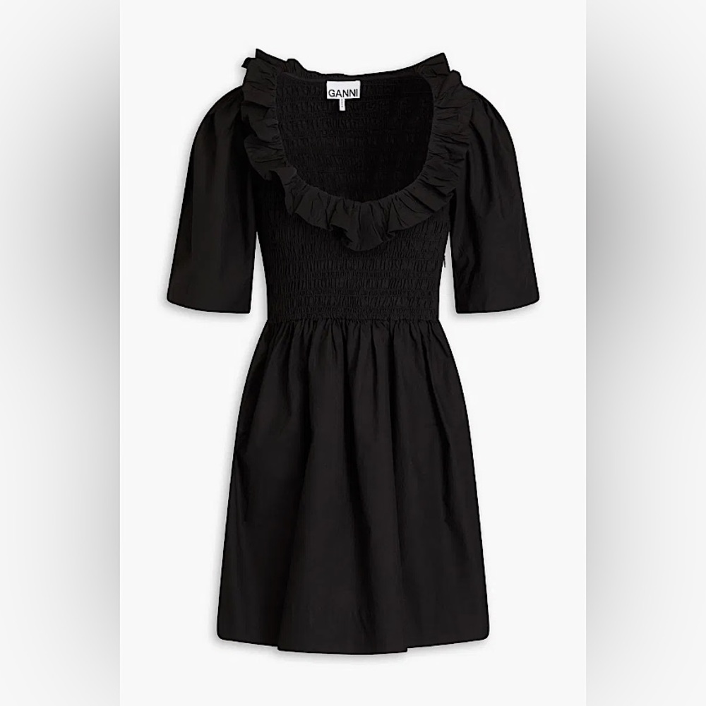 Ganni Black Ruffled Shirred Mini Dress